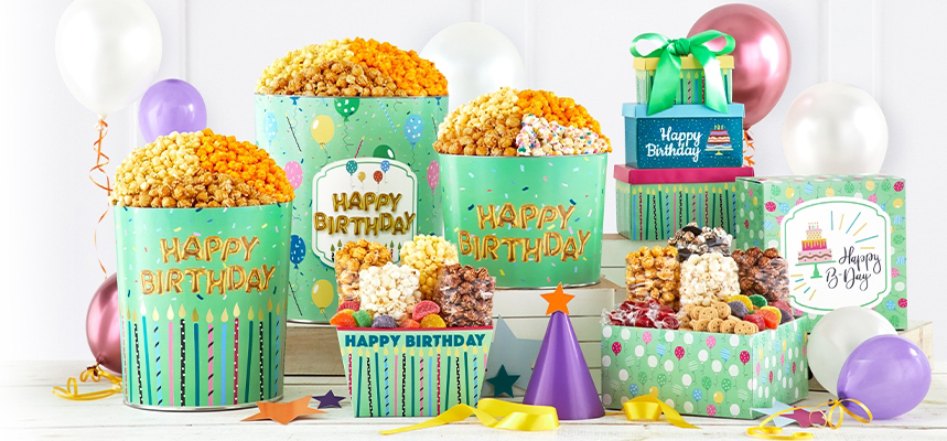 Different buckets of popcorns